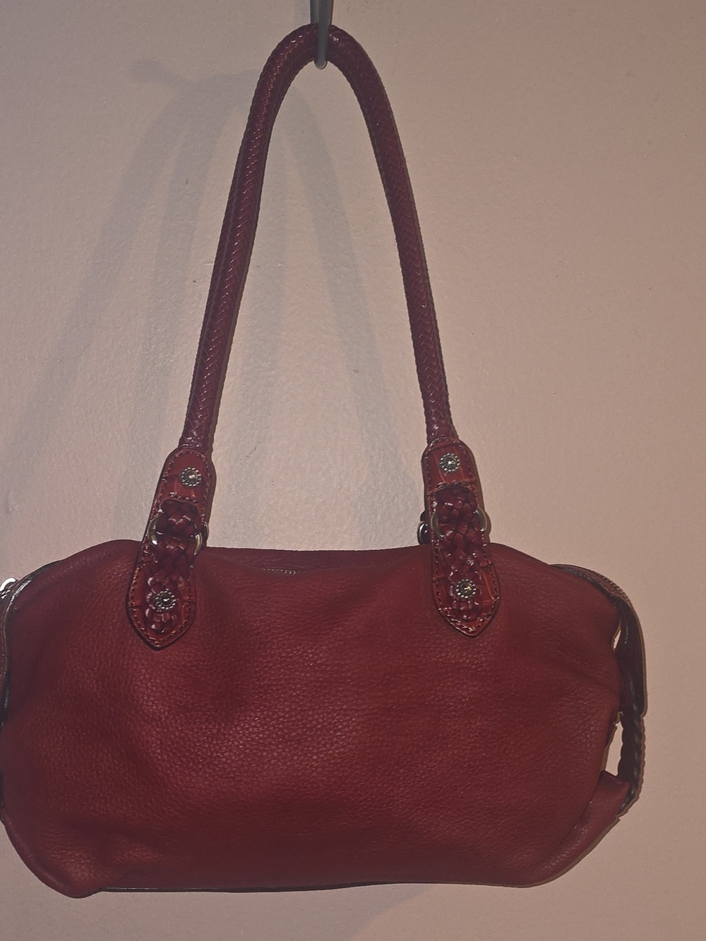 Brighton Red Pebbled Leather Satchel Shoulder Bag Braided Straps Silver Accents - Picture 6 of 16